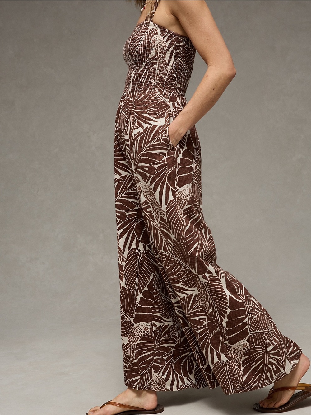NWT AE Smocked Women’s Brown Printed Wide-Leg Jumpsuit - Picture 5 of 9